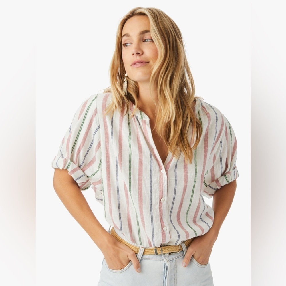 Xirena Chesney Striped Blouse 100% Cotton Short Sleeve Lightweight Blouse Size M